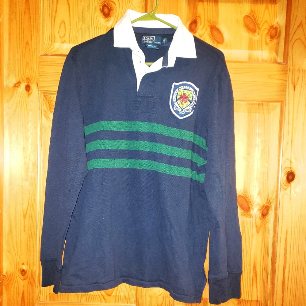 Polo Ralph Lauren Mens Navy Blue Green Striped Crest Rugby Shirt Custom Fit M